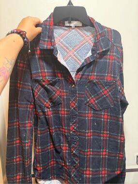 Men's Navy and Red Plaid Flannel Shirt
